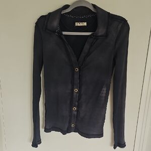 We The Free Washed Indigo Cardigan/Button-Down Shirt W Stressed &Floral Details